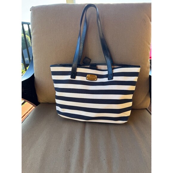 Michael Kors Large Leather Trim Blue White Canvas Striped Jet Set Tote - Picture 1 of 9